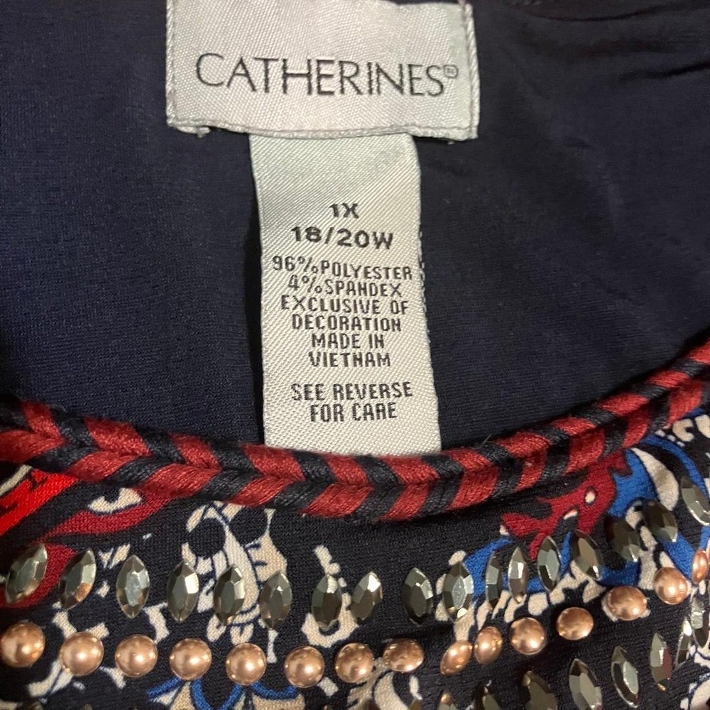 Catherines 1X Paisley Maxi Dress Beaded Neck Navy Blue Boho Whimsigoth Romantic - Picture 5 of 5